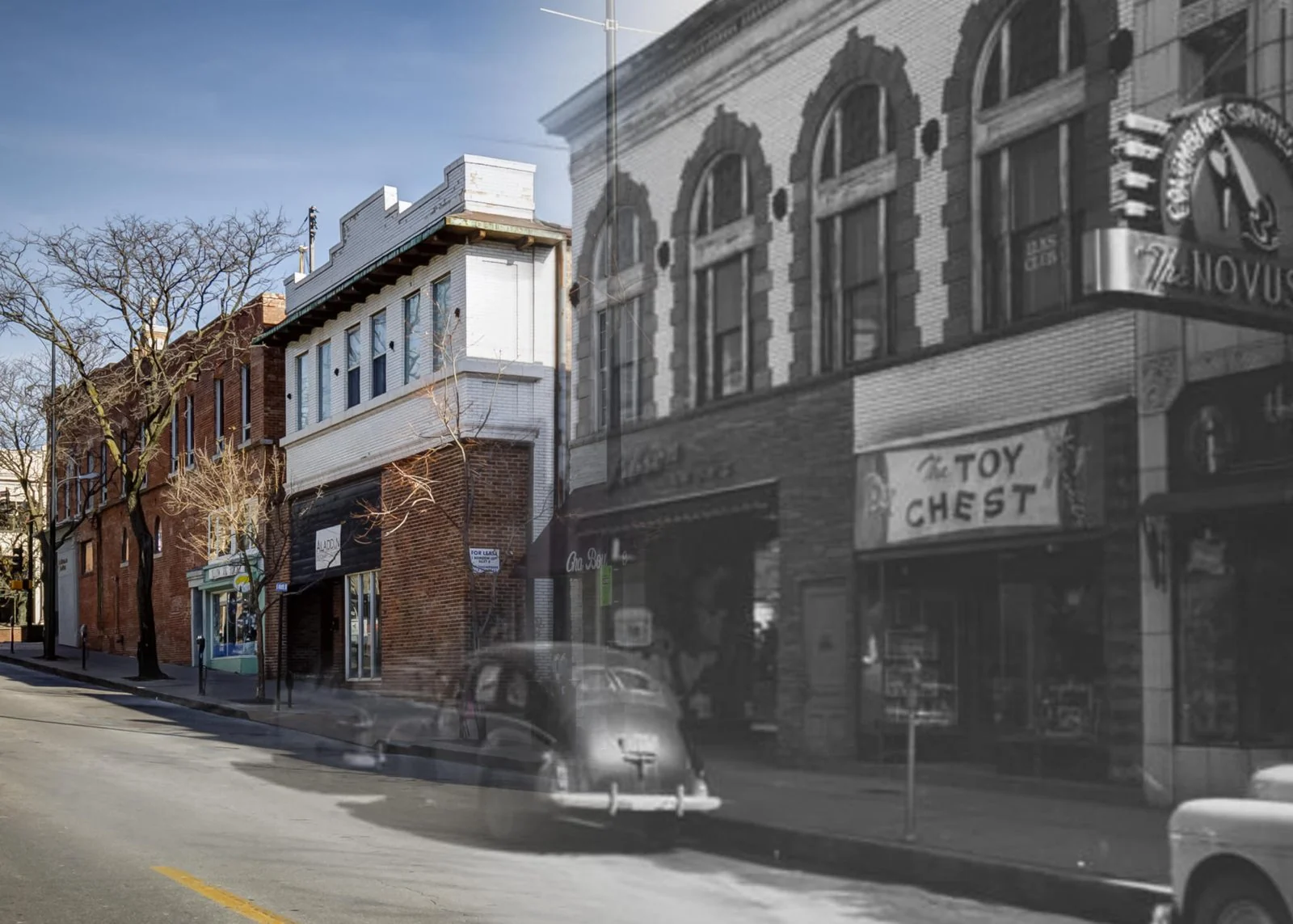 Ninth Street storefronts blending a 1940s photo with today
