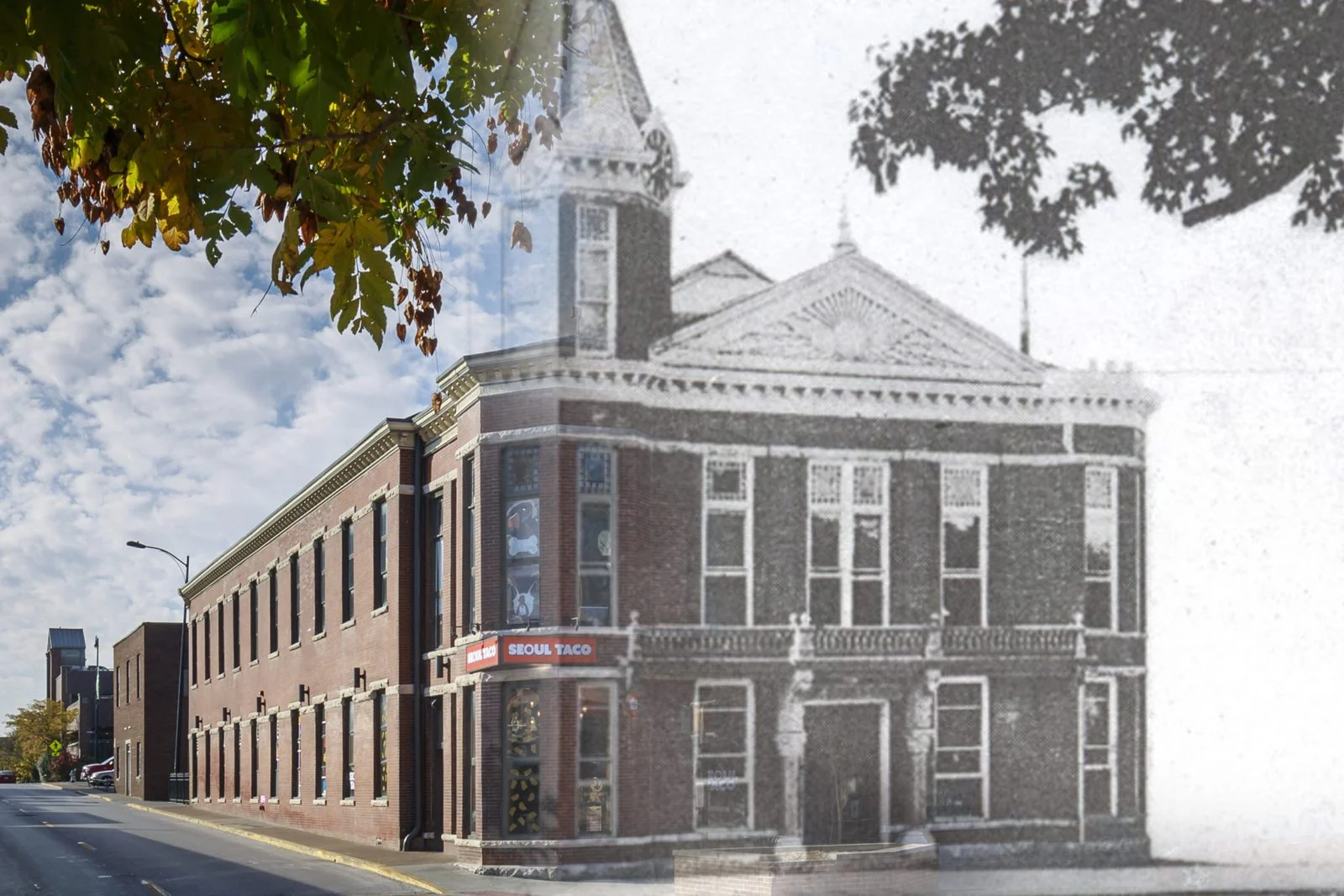 Downtown street blending a 1900s view with today