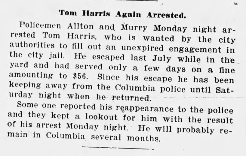 Newspaper clipping: Tom Harris Again Arrested