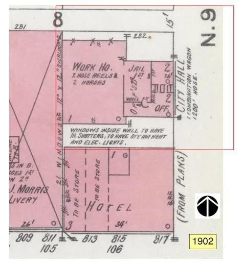 1902 Sanborn map of the city hall and jail